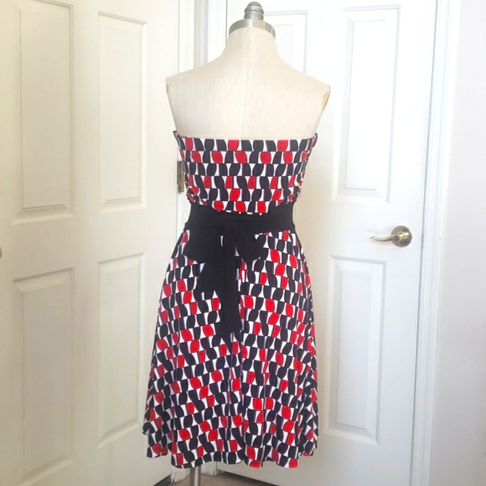 💐 Vintage 90s Forever 21 Geometric Strapless Dress Black Red Belted Slinky M - Picture 5 of 10
